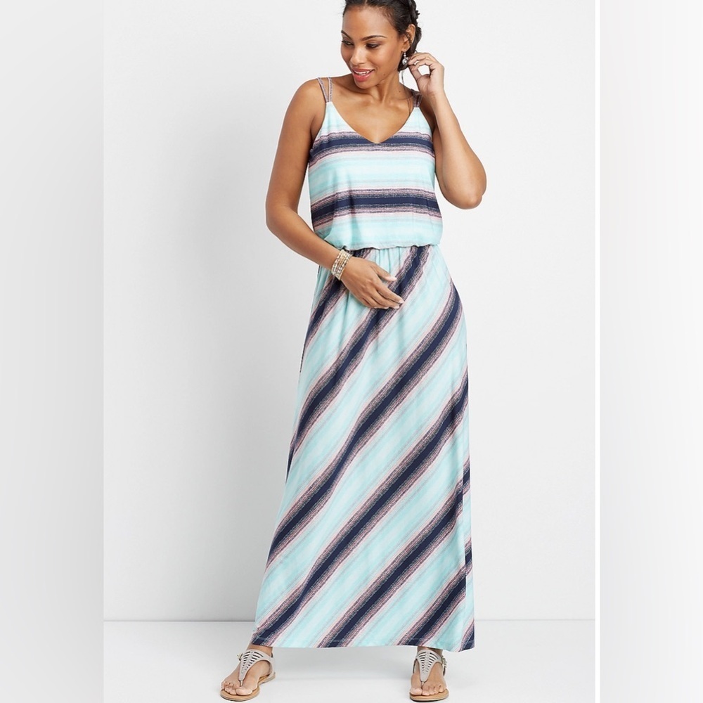 Maurices Womens Tank Maxi Dress Size M Turquoise Blue Striped Spaghetti Straps
